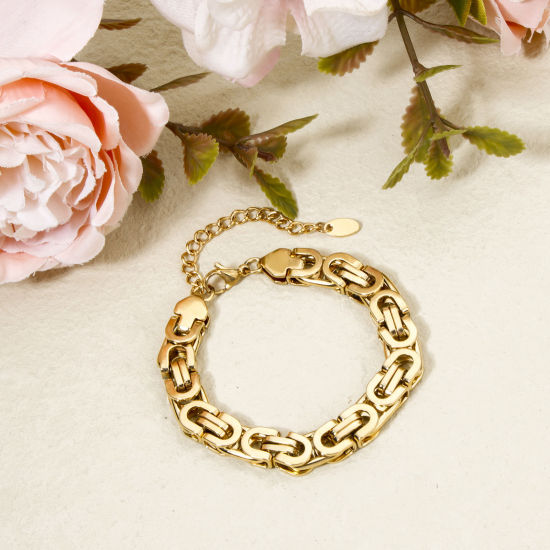 Immagine di 1 Pz Placcatura Sottovuoto 304 Acciaio Inossidabile Catena Braccialetti Placcato Oro 18K 17cm Lunghezza