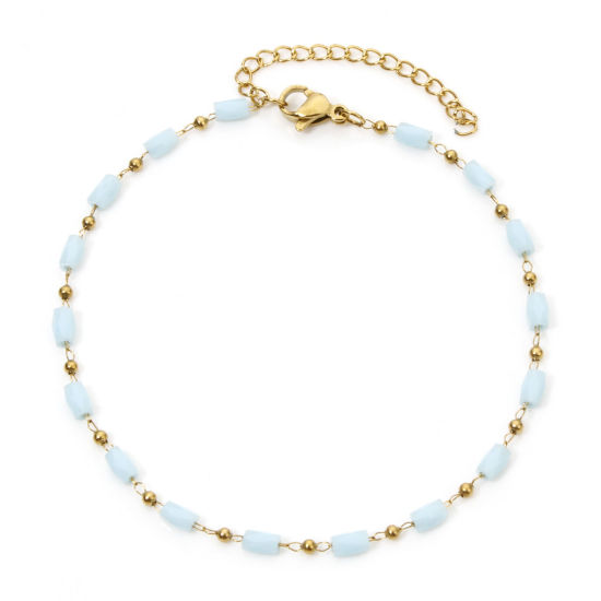 Imagen de 1 Unidad Enchapado al Vacío 304 Acero Inoxidable Cadena de Cuentas Pulseras Chapado en Oro de 18K Azul Claro Cilíndrico 17cm longitud