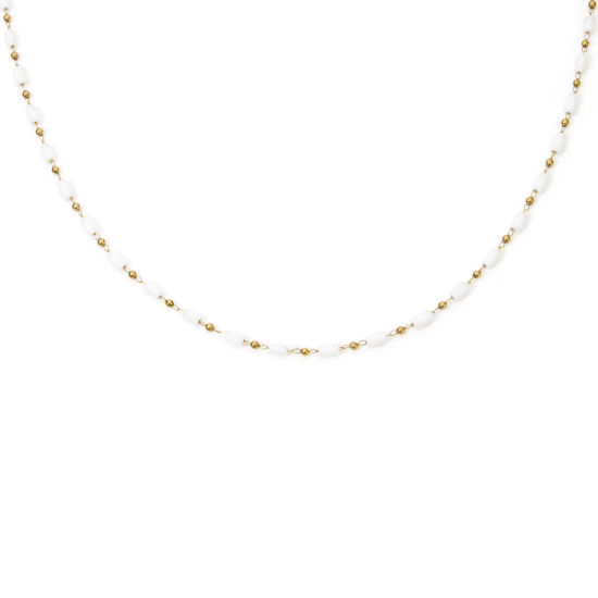 Imagen de 1 Unidad Enchapado al Vacío 304 Acero Inoxidable Cadena de Cuentas Collares Chapado en Oro de 18K Blanco Cilíndrico Sección 40cm longitud