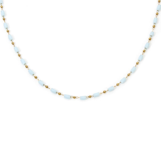 Imagen de 1 Unidad Enchapado al Vacío 304 Acero Inoxidable Cadena de Cuentas Collares Chapado en Oro de 18K Azul Claro Cilíndrico Sección 40cm longitud