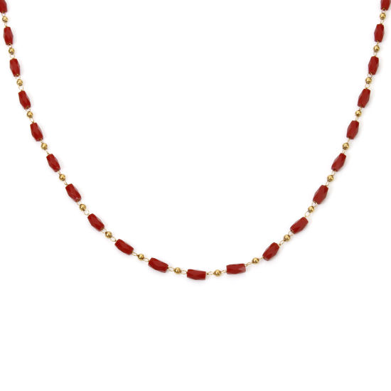 Imagen de 1 Unidad Enchapado al Vacío 304 Acero Inoxidable Cadena de Cuentas Collares Chapado en Oro de 18K Rojo Cilíndrico Sección 40cm longitud