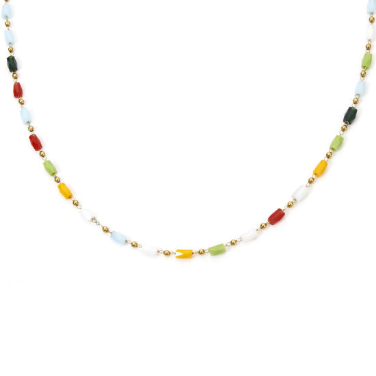 Imagen de 1 Unidad Enchapado al Vacío 304 Acero Inoxidable Cadena de Cuentas Collares Chapado en Oro de 18K Multicolor Cilíndrico Sección 40cm longitud