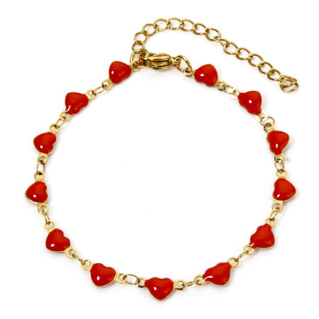Picture of 1 Piece Vacuum Plating 304 Stainless Steel Handmade Link Chain Bracelets 18K Gold Plated Red Heart Double-sided Enamel 17cm(6.7") long