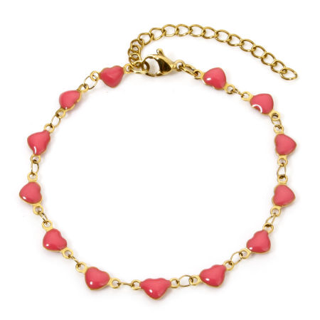 Picture of 1 Piece Vacuum Plating 304 Stainless Steel Handmade Link Chain Bracelets 18K Gold Plated Pink Heart Double-sided Enamel 17cm(6.7") long