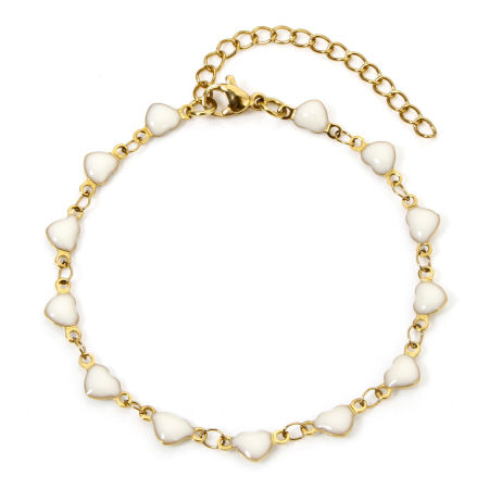 Picture of 1 Piece Vacuum Plating 304 Stainless Steel Handmade Link Chain Bracelets 18K Gold Plated White Heart Double-sided Enamel 17cm(6.7") long