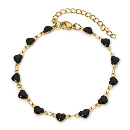 Picture of 1 Piece Vacuum Plating 304 Stainless Steel Handmade Link Chain Bracelets 18K Gold Plated Black Heart Double-sided Enamel 17cm(6.7") long