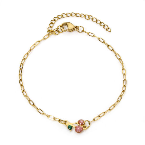 Bild von 1 Strang Vakuumbeschichtung 304 Edelstahl Emaillierte Pailletten Gliederkette Kette Armband 18K Vergoldet Rosa Kirsche Glitzert 17cm lang