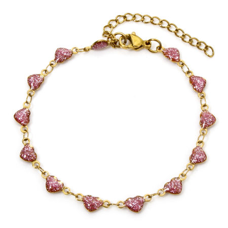 Picture of 1 Piece Vacuum Plating 304 Stainless Steel Enamelled Sequins Handmade Link Chain Bracelets 18K Gold Plated Pink Heart Glitter 17cm(6.7") long
