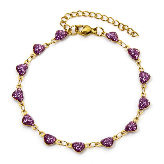 Image de 1 Pièce Bracelets Chaîne à Maillons Faite à la Main Sequins Emaillés Double Face en 304 Acier Inoxydable Placage sous Vide Plaqué Or 18K Violet Cœur Brillant Paillettes 17cm long