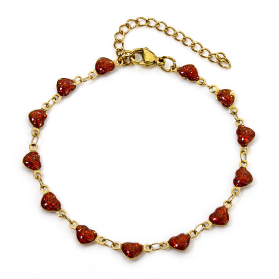 Image de 1 Pièce Bracelets Chaîne à Maillons Faite à la Main Sequins Emaillés Double Face en 304 Acier Inoxydable Placage sous Vide Plaqué Or 18K Rouge Cœur Brillant Paillettes 17cm long