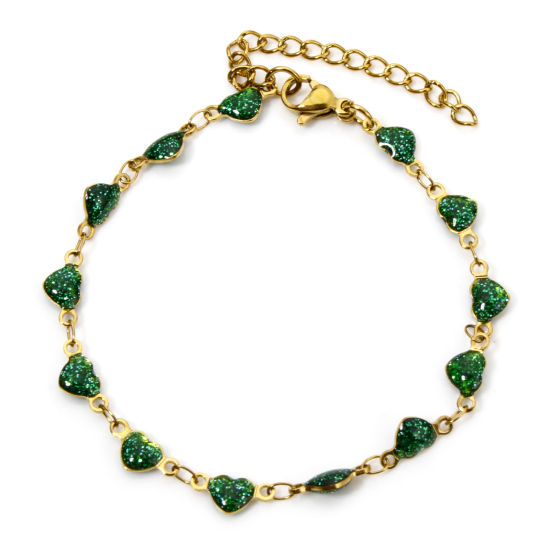 Image de 1 Pièce Bracelets Chaîne à Maillons Faite à la Main Sequins Emaillés Double Face en 304 Acier Inoxydable Placage sous Vide Plaqué Or 18K Vert Cœur Brillant Paillettes 17cm long