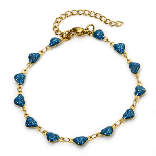 Image de 1 Pièce Bracelets Chaîne à Maillons Faite à la Main Sequins Emaillés Double Face en 304 Acier Inoxydable Placage sous Vide Plaqué Or 18K Bleu Cœur Brillant Paillettes 17cm long