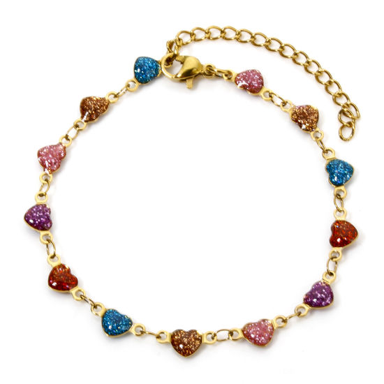 Image de 1 Pièce Bracelets Chaîne à Maillons Faite à la Main Sequins Emaillés Double Face en 304 Acier Inoxydable Placage sous Vide Plaqué Or 18K Multicolore Cœur Brillant Paillettes 17cm long