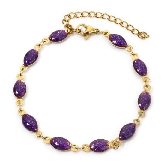 Image de 1 Pièce Bracelets Chaîne à Maillons Faite à la Main Sequins Emaillés Double Face en 304 Acier Inoxydable Placage sous Vide Plaqué Or 18K Violet Marquise Brillant Paillettes 17cm long