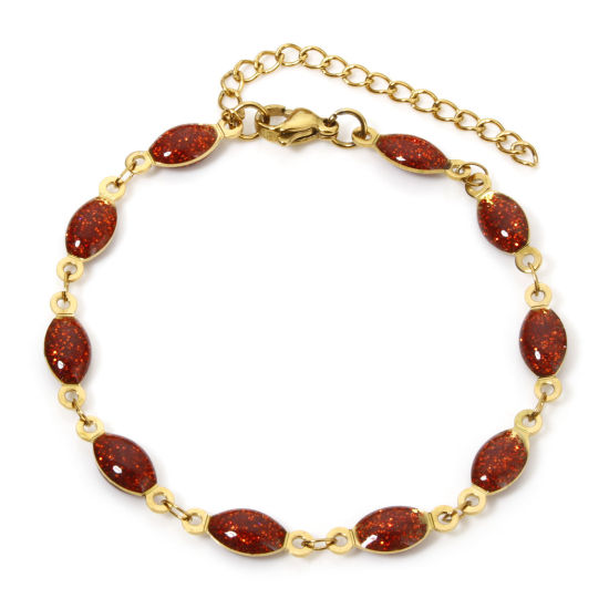 Image de 1 Pièce Bracelets Chaîne à Maillons Faite à la Main Sequins Emaillés Double Face en 304 Acier Inoxydable Placage sous Vide Plaqué Or 18K Rouge Marquise Brillant Paillettes 17cm long