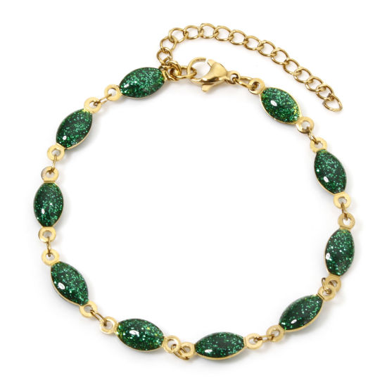 Image de 1 Pièce Bracelets Chaîne à Maillons Faite à la Main Sequins Emaillés Double Face en 304 Acier Inoxydable Placage sous Vide Plaqué Or 18K Vert Marquise Brillant Paillettes 17cm long