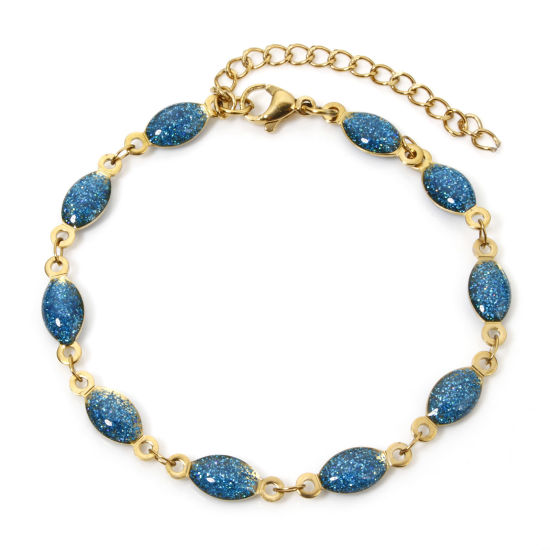 Image de 1 Pièce Bracelets Chaîne à Maillons Faite à la Main Sequins Emaillés Double Face en 304 Acier Inoxydable Placage sous Vide Plaqué Or 18K Bleu Marquise Brillant Paillettes 17cm long