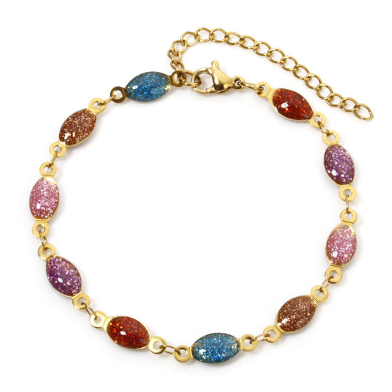 Image de 1 Pièce Bracelets Chaîne à Maillons Faite à la Main Sequins Emaillés Double Face en 304 Acier Inoxydable Placage sous Vide Plaqué Or 18K Multicolore Marquise Brillant Paillettes 17cm long