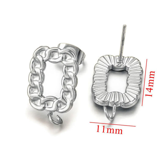 Picture of 2 PCs 304 Stainless Steel Ear Post Stud Earring With Loop Connector Accessories Rectangle Silver Tone 18mm x 11mm, Post/ Wire Size: (21 gauge)