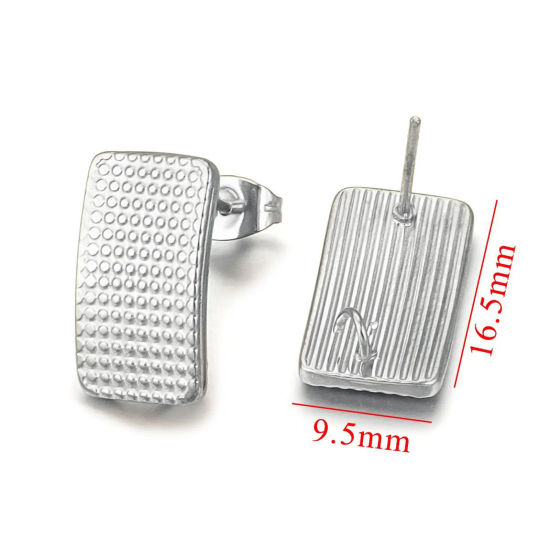 Picture of 2 PCs 304 Stainless Steel Ear Post Stud Earring With Loop Connector Accessories Rectangle Silver Tone 17mm x 10mm, Post/ Wire Size: (21 gauge)