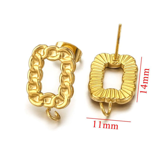 Picture of 2 PCs 304 Stainless Steel Ear Post Stud Earring With Loop Connector Accessories Rectangle 18K Gold Plated 18mm x 11mm, Post/ Wire Size: (21 gauge)