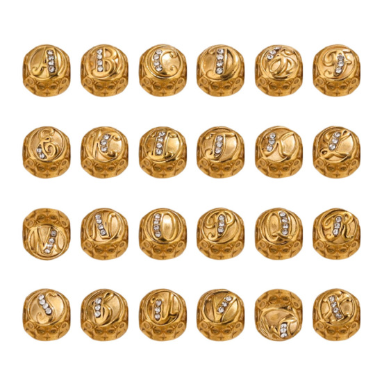 Immagine di 1 Pz Placcatura Sottovuoto 304 Acciaio Inossidabile Doppia Faccia Perline per la Creazione di Gioielli con Fai-da-te Tondo Placcato Oro 18K Lettere " Y " Micro Spianare Trasparente Strass 11mm x 10mm, Buco: Circa 4.2mm