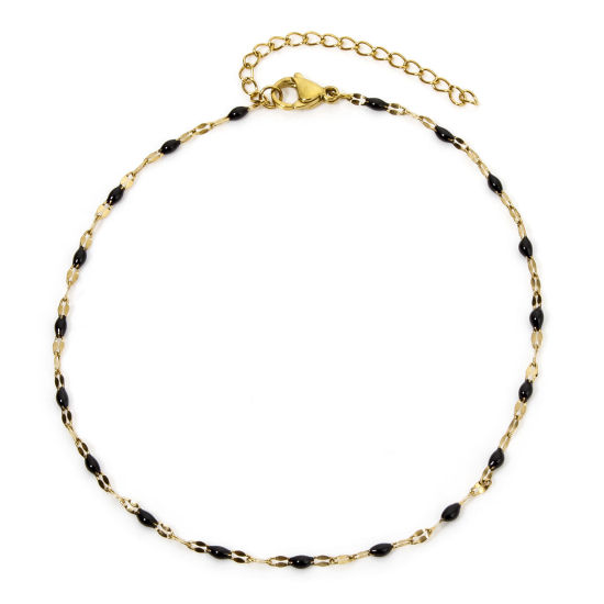Immagine di 1 Pz Placcatura Sottovuoto 304 Acciaio Inossidabile Catena delle Labbra Cavigliere Placcato Oro 18K Nero Smalto 24.5cm lunghezza
