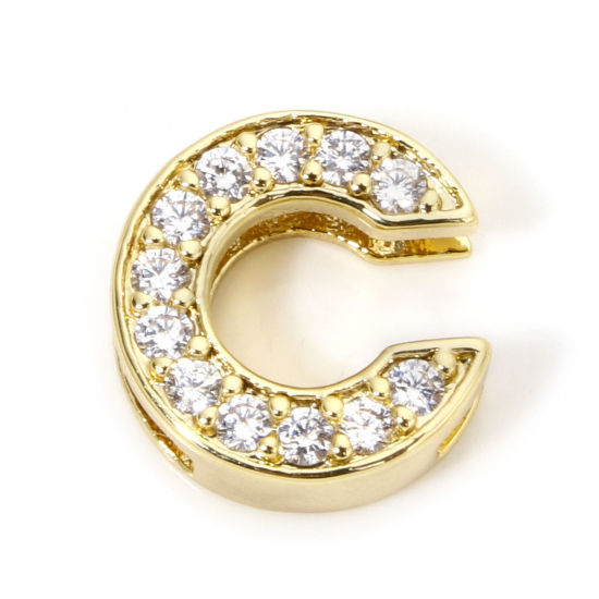 Picture of 1 Piece Eco-friendly Brass Beads For DIY Jewelry Making 18K Real Gold Plated Capital Alphabet Initial Letter Message " C " Micro Pave Clear Cubic Zirconia 12mm x 11.5mm, Hole: Approx 1.8mm