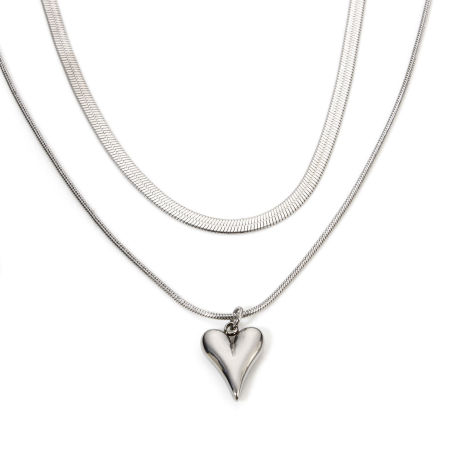 1 Piece Eco-friendly 304 Stainless Steel Ins Style Snake Chain Multilayer Layered Necklace Silver Tone Heart 40cm-45cm long