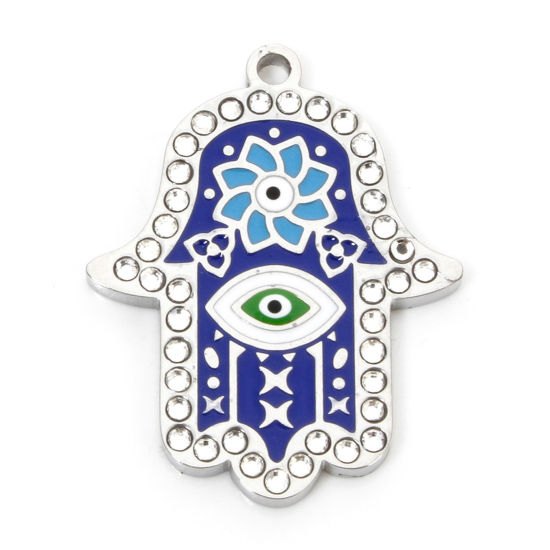 Picture of 1 Piece Eco-friendly Vacuum Plating 304 Stainless Steel & Rhinestone Religious Charmes Silver Tone Blue Hamsa Symbol Hand Enamel 26mm x 20.5mm