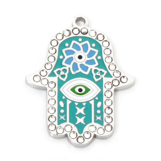 Picture of 1 Piece Eco-friendly Vacuum Plating 304 Stainless Steel & Rhinestone Religious Charmes Silver Tone Green Hamsa Symbol Hand Enamel 26mm x 20.5mm