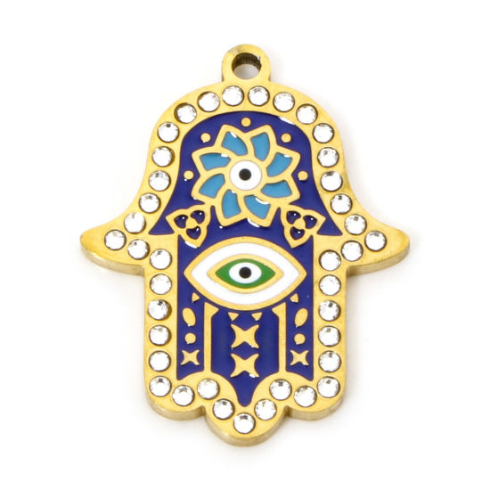 Picture of 1 Piece Eco-friendly Vacuum Plating 304 Stainless Steel & Rhinestone Religious Charmes Gold Plated Blue Hamsa Symbol Hand Enamel 26mm x 20.5mm