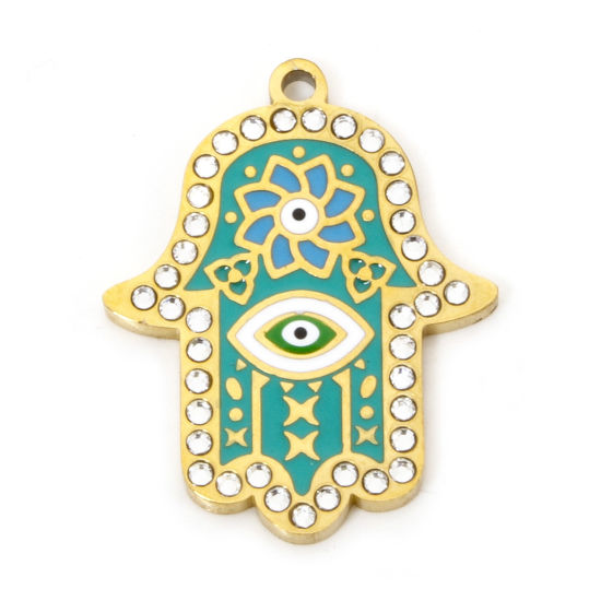 Picture of 1 Piece Eco-friendly Vacuum Plating 304 Stainless Steel & Rhinestone Religious Charmes Gold Plated Green Hamsa Symbol Hand Enamel 26mm x 20.5mm