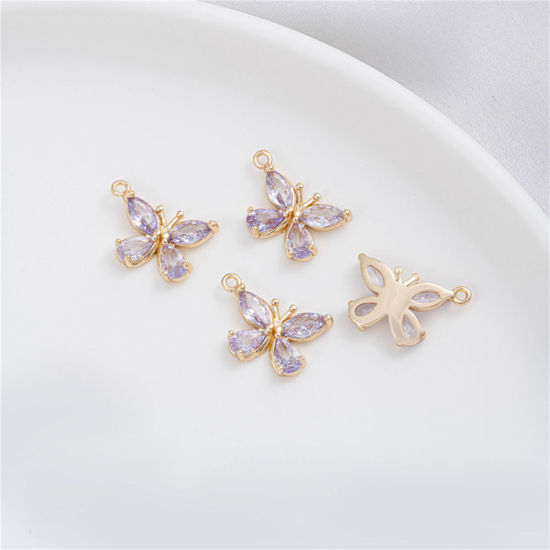 Изображение 1 ШТ Экологичный Латунь Насекомое Подвески 14K настоящее золото с покрытием Бабочка Лиловый Искусственный Циркон 15мм x 9мм
