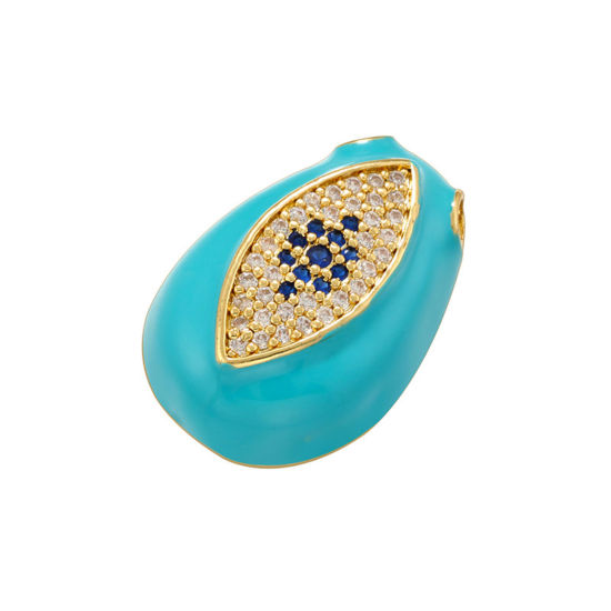 Picture of 1 Piece Brass Charms 14K Gold Plated Lake Blue Drop Eye Enamel Clear & Blue Cubic Zirconia 22mm x 15mm