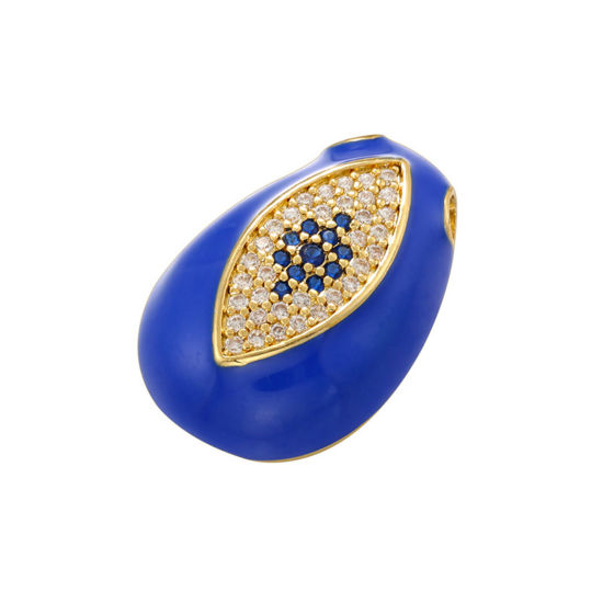 Picture of 1 Piece Brass Charms 14K Gold Plated Blue Drop Eye Enamel Clear & Blue Cubic Zirconia 22mm x 15mm