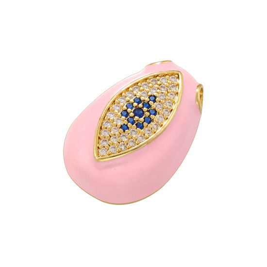 Picture of 1 Piece Brass Charms 14K Gold Plated Pink Drop Eye Enamel Clear & Blue Cubic Zirconia 22mm x 15mm