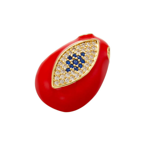 Picture of 1 Piece Brass Charms 14K Gold Plated Red Drop Eye Enamel Clear & Blue Cubic Zirconia 22mm x 15mm