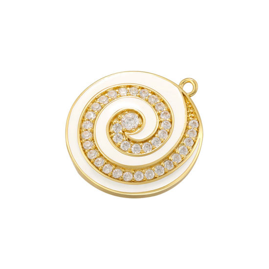 Immagine di 1 Pz Ottone Ciondoli Tondo Placcato Oro 14K Bianco Spirale Smalto Trasparente Cubic Zirconiae 27mm x 24mm