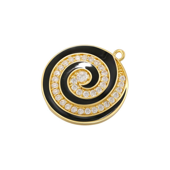 Immagine di 1 Pz Ottone Ciondoli Tondo Placcato Oro 14K Nero Spirale Smalto Trasparente Cubic Zirconiae 27mm x 24mm