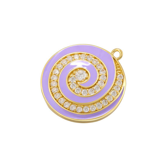 Immagine di 1 Pz Ottone Ciondoli Tondo Placcato Oro 14K Colore Viola Spirale Smalto Trasparente Cubic Zirconiae 27mm x 24mm
