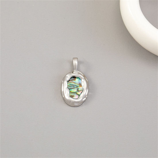 Picture of 1 Piece Natural Shell & Brass Geometric Charms Platinum Plated Oval 22mm x 12mm