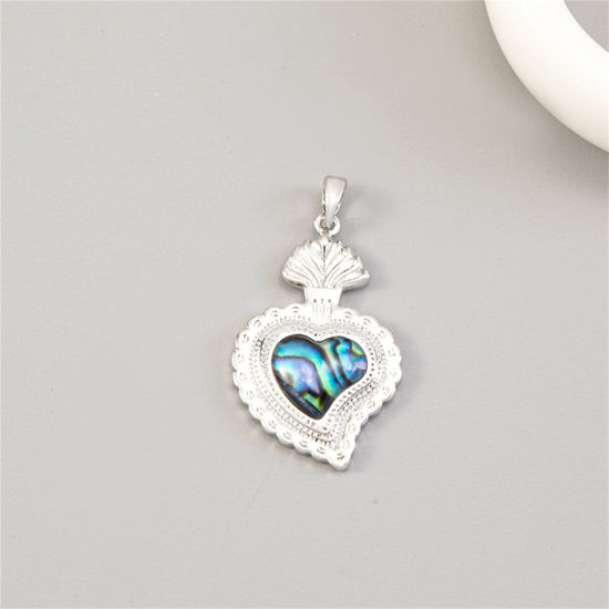 Picture of 1 Piece Natural Shell & Brass Religious Pendants Platinum Plated Ex Voto Heart 3.5cm x 2cm