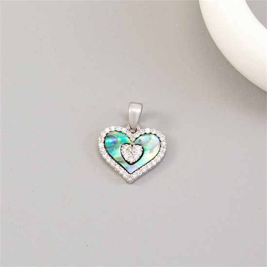 Picture of 1 Piece Natural Shell & Brass Valentine's Day Charm Pendant Platinum Plated Heart Micro Pave Clear Cubic Zirconia 17.5mm x 13.5mm