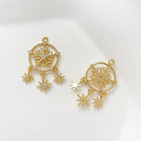 Picture of 1 Piece Brass Christmas Charms 18K Gold Plated Dream Catcher Snowflake Hollow Clear Cubic Zirconia 24mm x 14mm