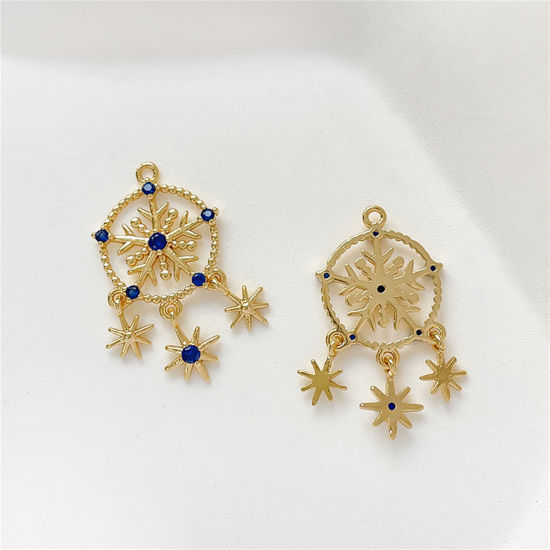 Picture of 1 Piece Brass Christmas Charms 18K Gold Plated Dream Catcher Snowflake Hollow Clear Cubic Zirconia 24mm x 14mm