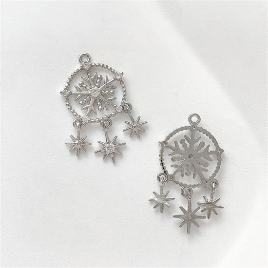 Picture of 1 Piece Brass Christmas Charms Platinum Plated Dream Catcher Snowflake Hollow Clear Cubic Zirconia 24mm x 14mm