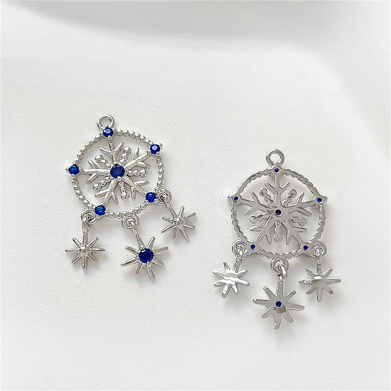Picture of 1 Piece Brass Christmas Charms Platinum Plated Dream Catcher Snowflake Hollow Clear Cubic Zirconia 24mm x 14mm