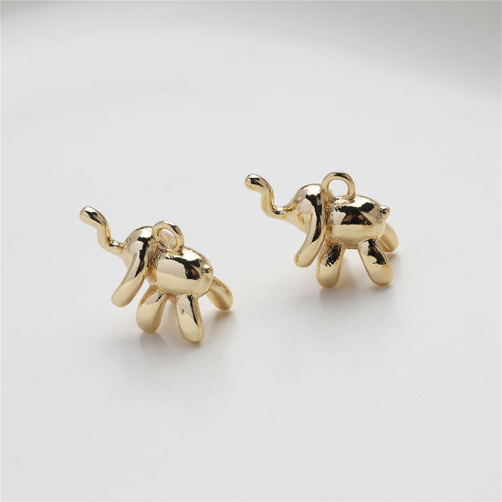 Image de 2 Pcs Breloques en Laiton Eléphant Plaqué Or 14K 3D 18.5mm x 12.5mm