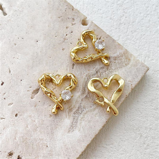 Picture of 2 PCs Brass Valentine's Day Charms 18K Gold Plated Heart Texture Hollow Clear Cubic Zirconia 16mm x 15mm